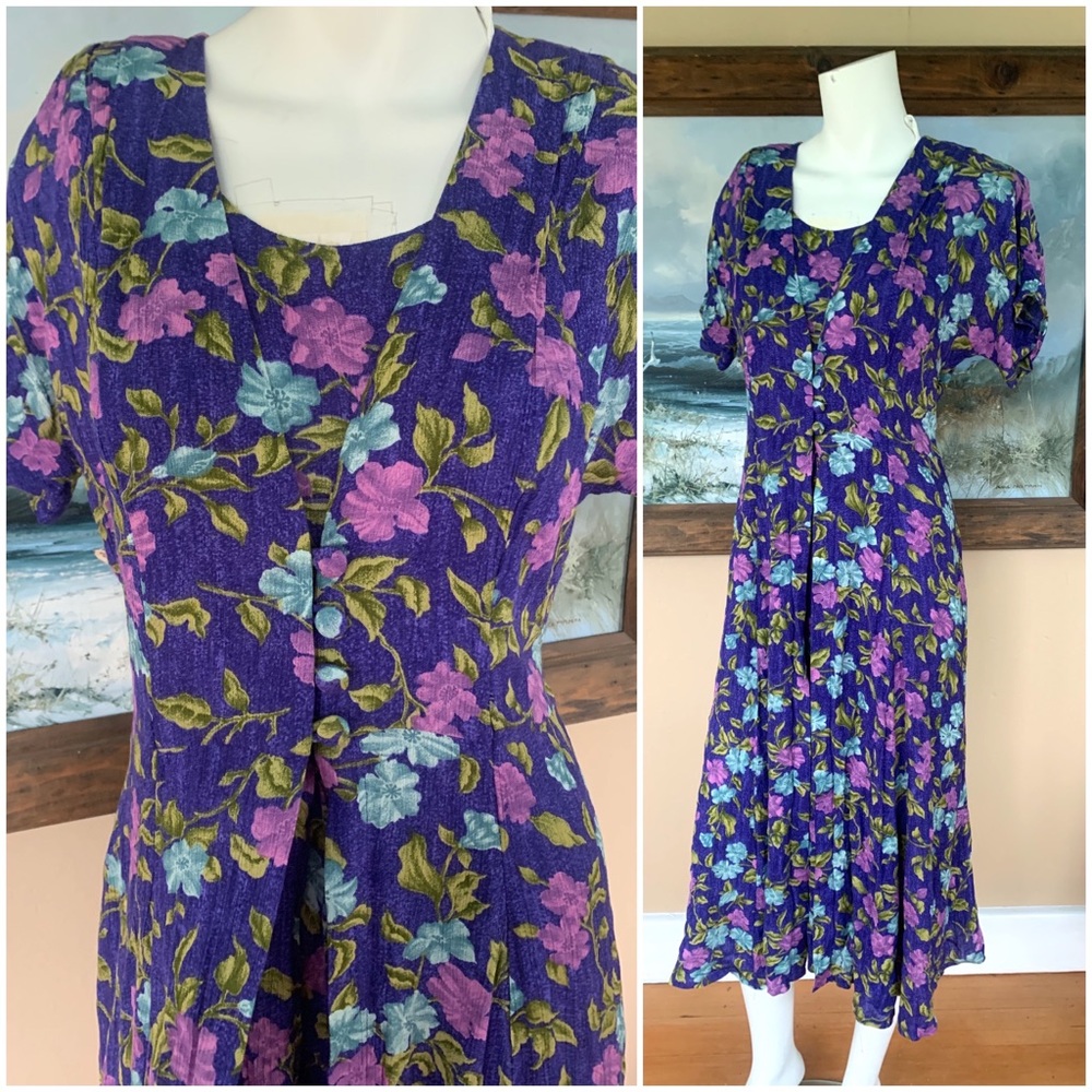 Vintage 90’s Purple Floral Button Front MIDI Dress w Corset Tie Back, M/L